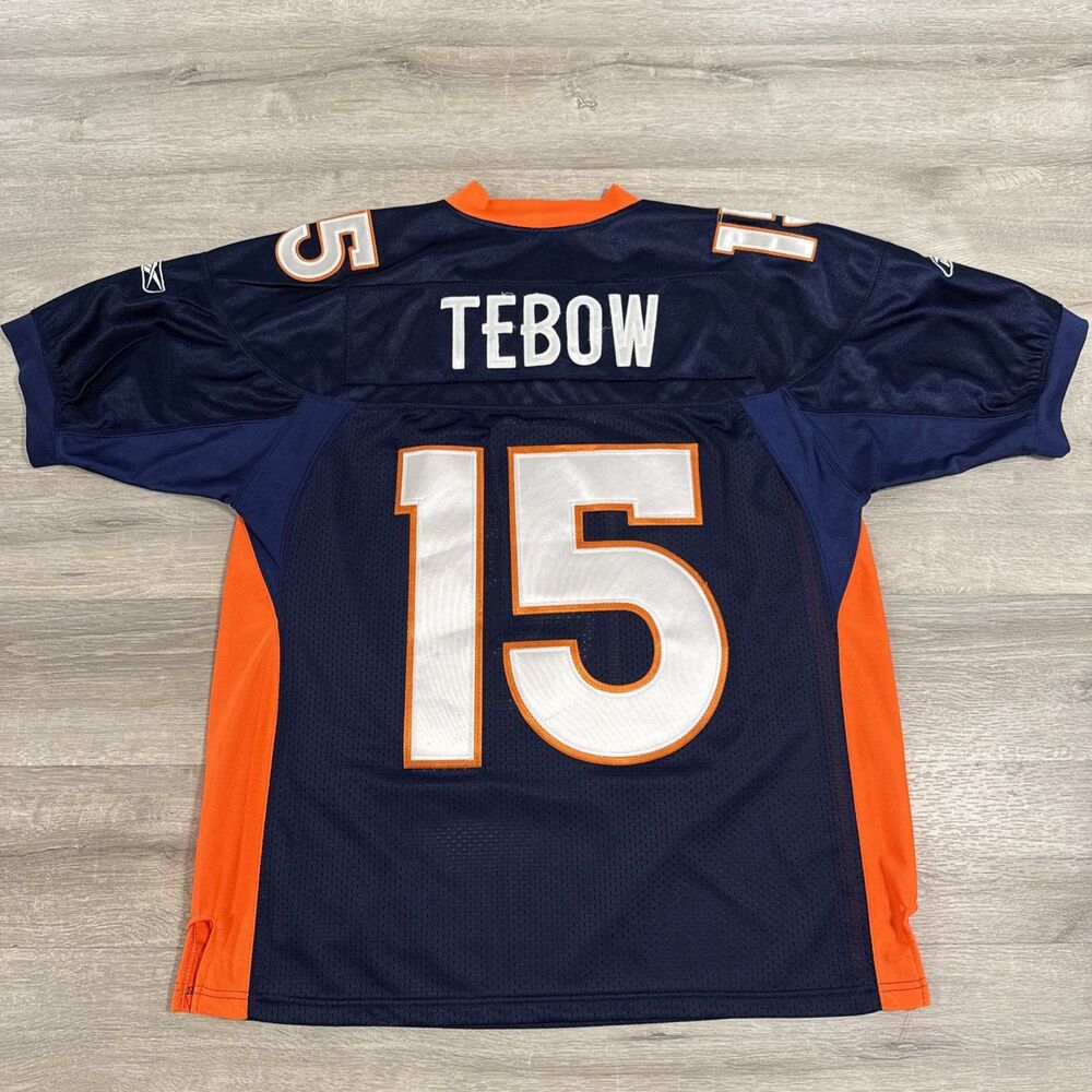 Tim Tebow Jersey Denver Broncos Men’s 50 Reebok Blue Orange 15 NFL Sewn